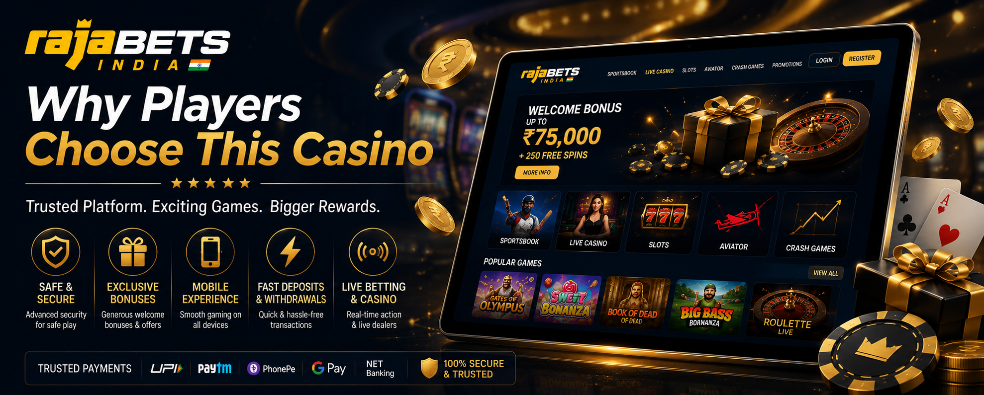 Rajabets India online gaming interface with slots, table games, and live casino